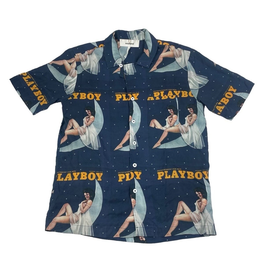 Soulland X Playboy 1973 Tencel Camp Shirt AOP Navy Blue Mens Small Orson